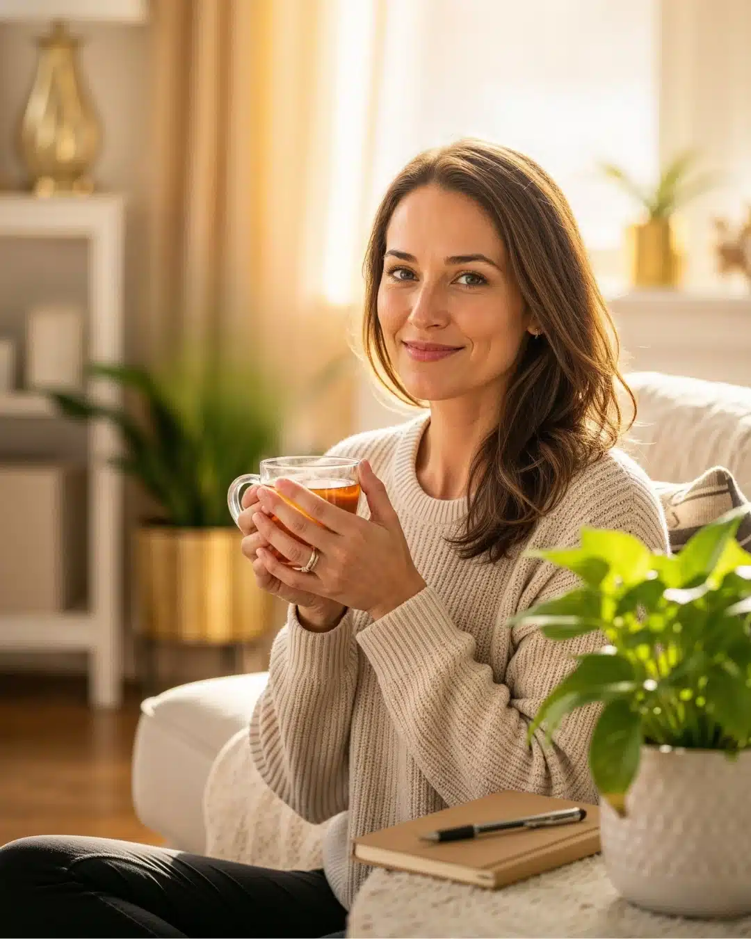 Depois: foto de uma mulher sorrindo, com leveza