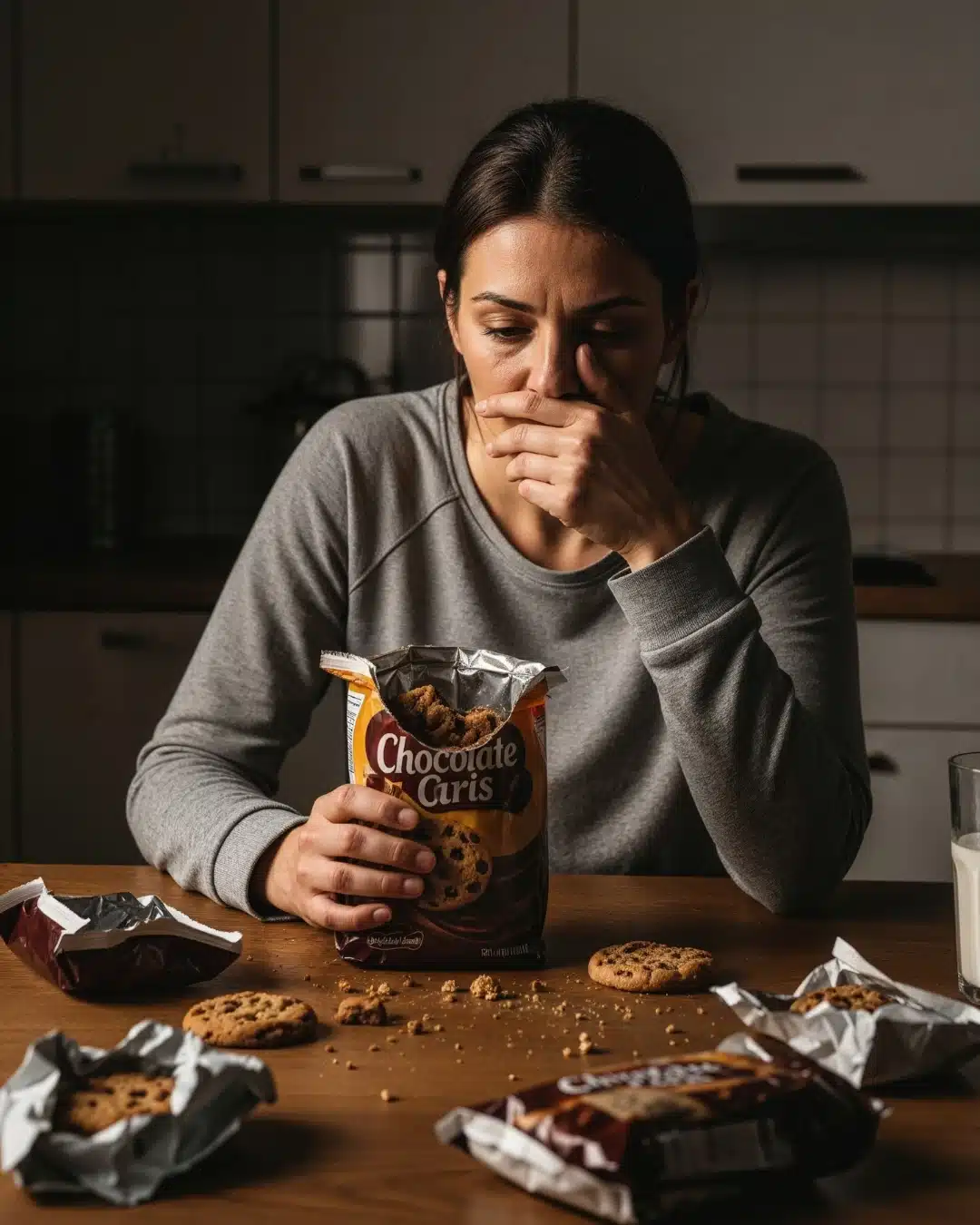 Antes: foto de uma mulher em uma situação de compulsão, diferente