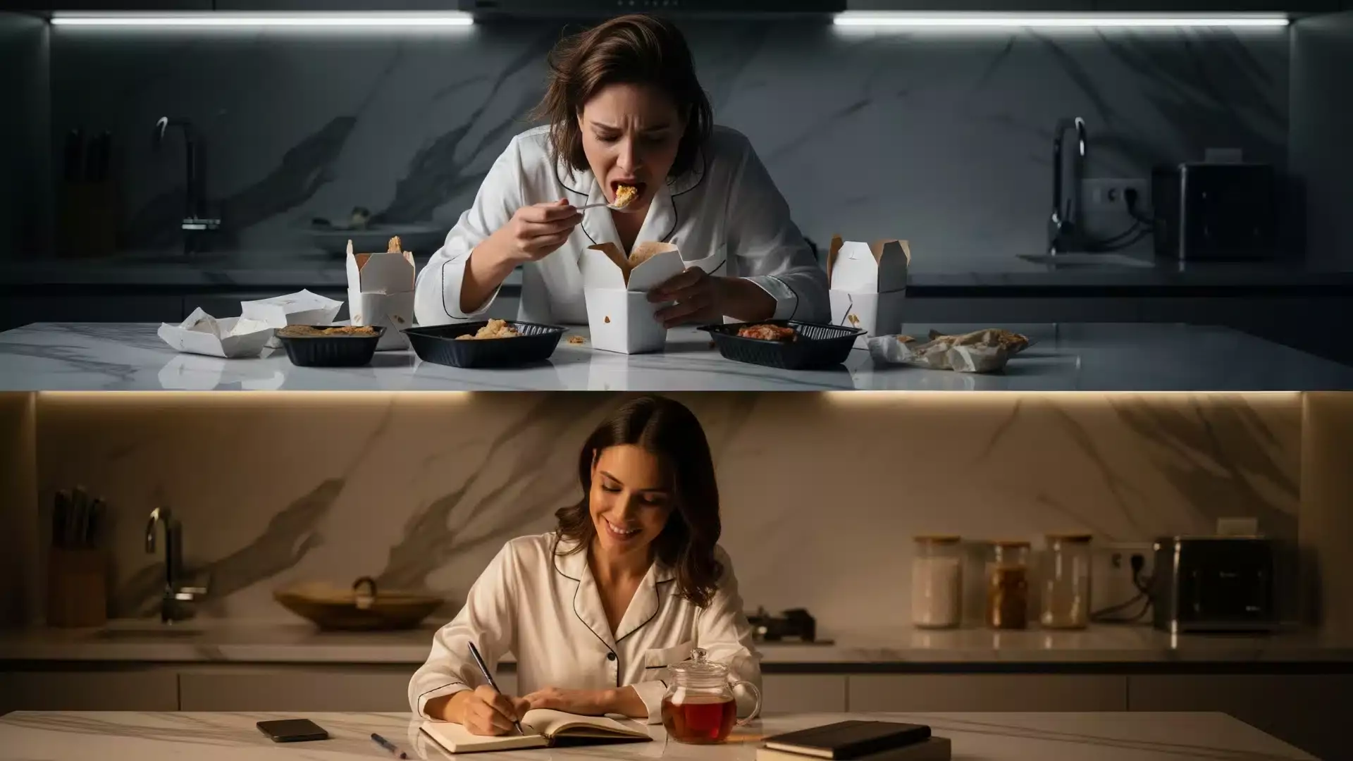Comparativo antes e depois mostrando transformação real de aluna