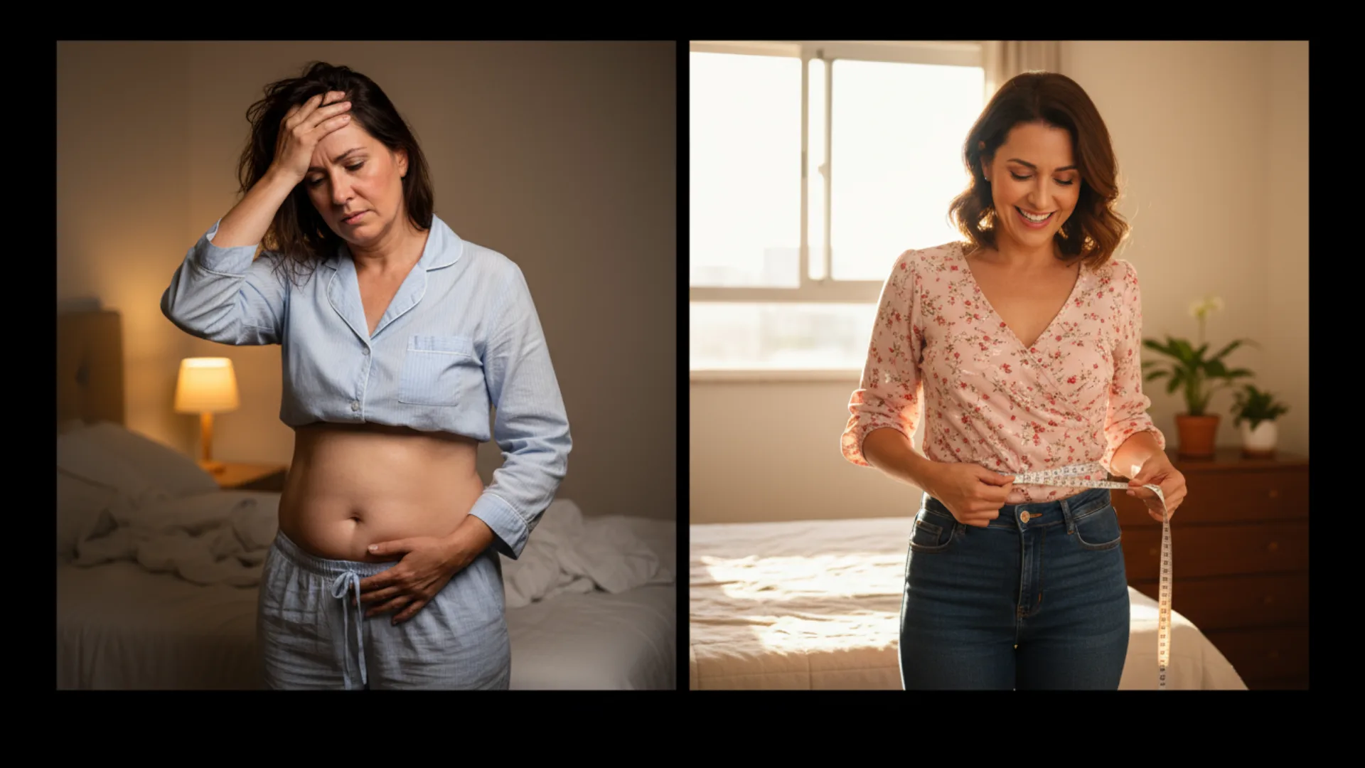Transformação: mulher cansada às 3h vs mulher energética medindo cintura